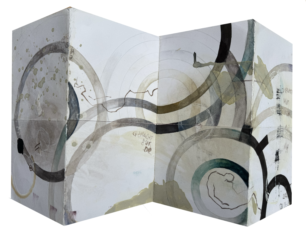 Folded Object, Artist Book, watercolour circles over handprint drawing