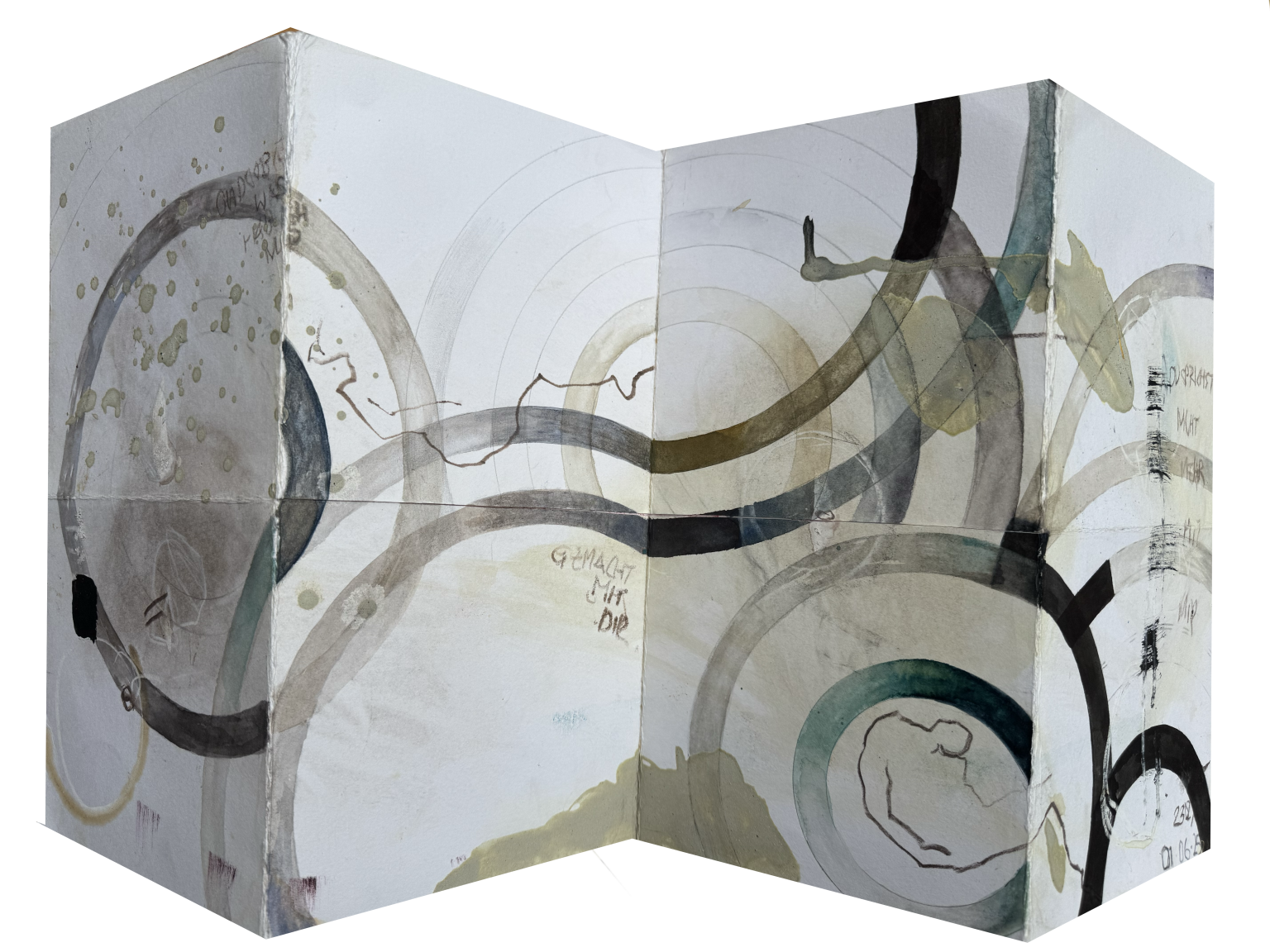 Folded Object, Artist Book, watercolour circles over handprint drawing