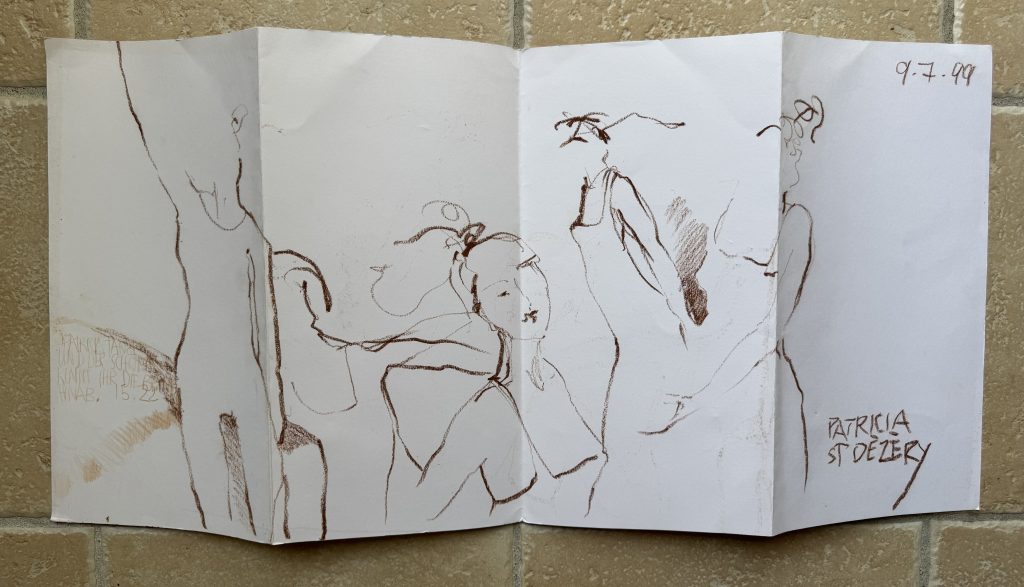 Artist sketchbook accordion format featuring gestural figure studies in sepia oil crayon, showing dancer Patricia  - St ,France  9-7-99"