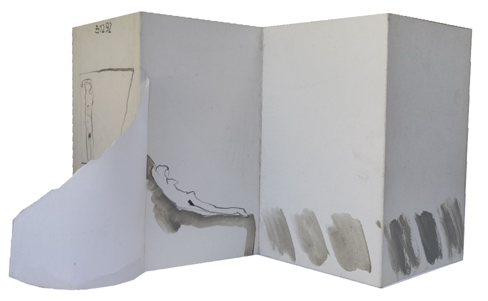 The first Book of Days (Tagesbuch) by Stefani Peter, created December 5, 1992—the artist's 37th birthday and the inception of the Naveganças series. Accordion-fold book displayed partially open showing four connected pages. Left panel features minimal pen drawing of standing figure with collaged torn paper element. Center panels show pen-drawn reclining figure with atmospheric gray watercolor wash beneath. Right panel displays series of rhythmic vertical gray brushstrokes. Predominantly white and pale blue pages create contemplative, spacious composition. Date notation "5.12.92" visible on left edg