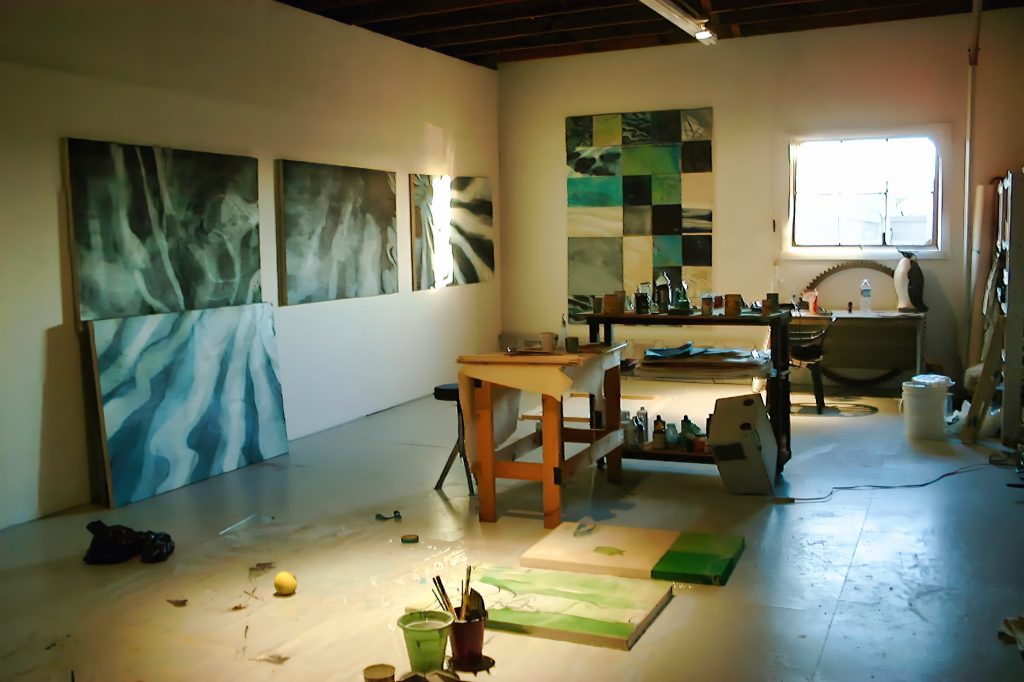 
Alt text (for accessibility/SEO):
"Stefani Peter's Terminal Avenue studio, Vancouver, 2002, showing Urban Water series in progress.